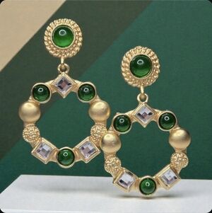 Matte Gold Plated Emerald Cabochon Zircon Crystal Hoop Dangle Drop Earrings